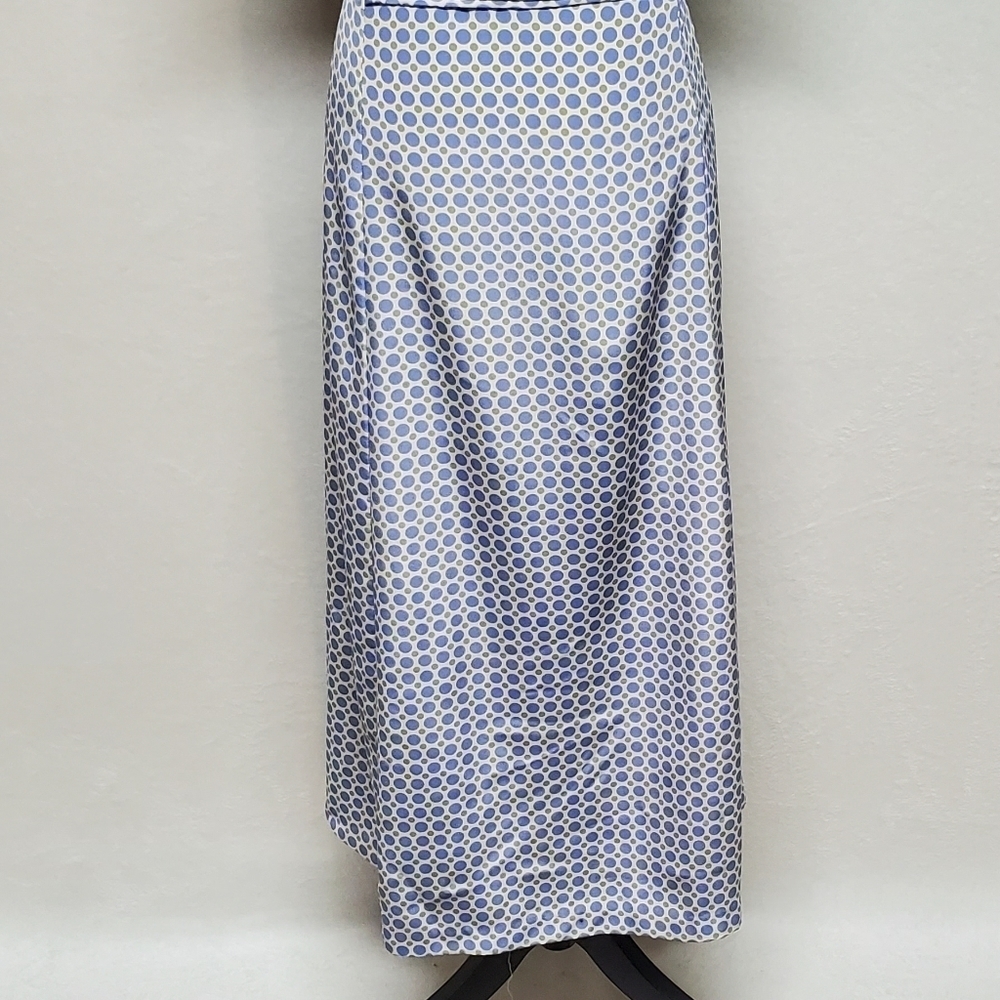 VINTAGE 1980s Leslie Fay Cornflower Blue Green Polka Dot Strappy Back Maxi Dress - Picture 13 of 14